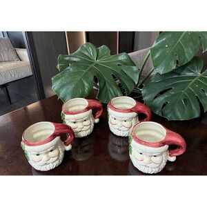 Holly Tree 4 Santa Claus Face Mugs Cups Christmas Holly Holiday Vintage Ceramic